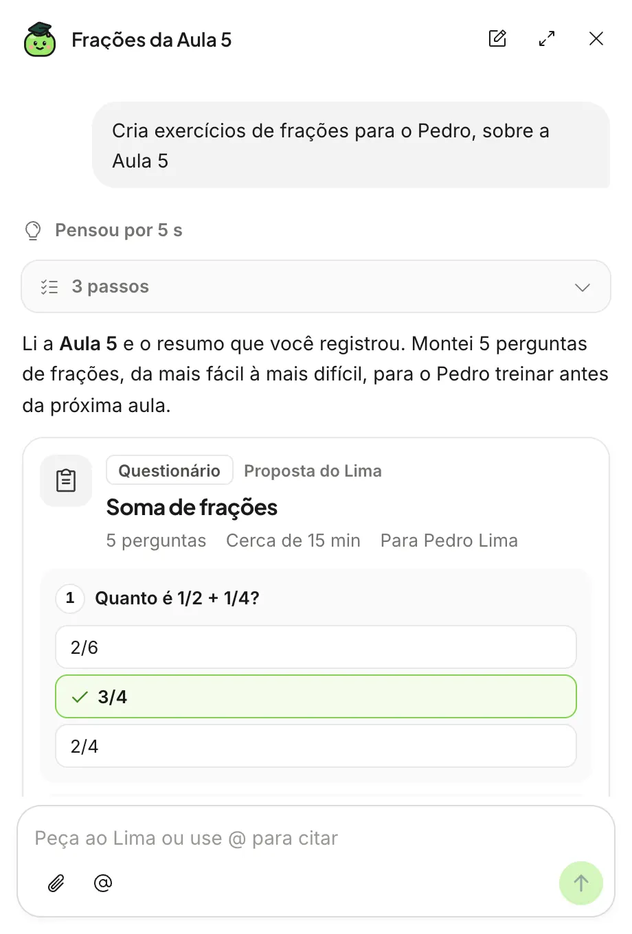Uma conversa com o Lima: o pedido de exercícios de frações e o questionário que ele montou